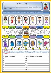 English Worksheet: POSSESSIVE ADJECTIVES - POSSESSIVE CASE - CLOTHES