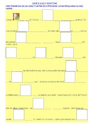 English worksheet: Present Simple- Daily routine   Picture Gap fill