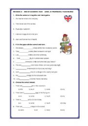 English Worksheet: END OF ACADEMIC YEAR REVISION TEST  LEVEL A1 ( TWO PAGES)