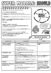 English Worksheet: SUPER MODALS! PART 5 - SHOULD - 1 PAGE GRAMMAR-GUIDE