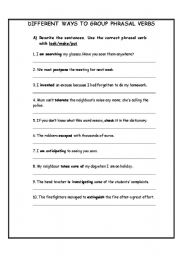 English worksheet: DIFFERENT WAYS TO GROUP PHRASAL VERBS 