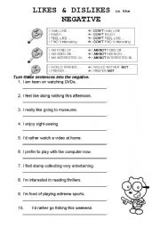 English Worksheet: Verbs expressing LIKES & DISLIKES in the NEGATIVE