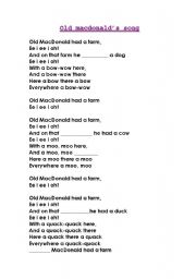 English Worksheet: Old MacDonald lyrics for children to complete