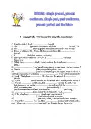 English Worksheet: Review : simple present, present continuous, simple past, past continuous, present perfect and the future