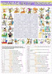 English Worksheet: WHAT DID THE MICE DO? -PAST SIMPLE REGULAR AND IRREGULAR VERBS + WORDSEARCH