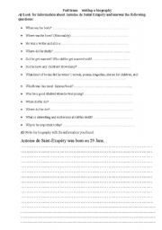 English worksheet: saint exuperie biography questions