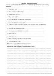 English Worksheet: saint exuperie biography questions