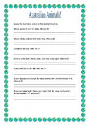 English Worksheet: Australian Animals- Who Am I?