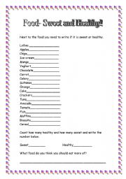 English worksheet: Food. Sweet and Healthy.