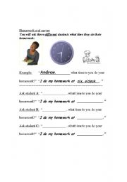 English worksheet: What time people do their homework survey