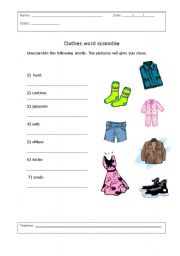 English worksheet: Clothes unscramble