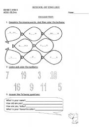 English worksheet: Colors and numbers test