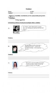 English worksheet: giving suggestions: everyday life problems