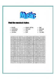 English Worksheet: Musical styles - wordsearch