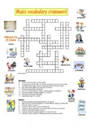 English Worksheet: music vocabulary crossword