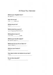English worksheet: All About You Interview