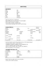 English worksheet: ADJECTIVES: size, height, characteristics, colours