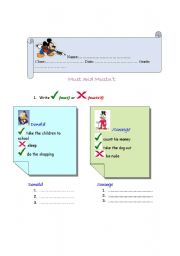 English worksheet: must mustnt with cartoon characters