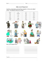 English Worksheet: Jobs Word Fragments