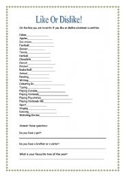 English worksheet: Like Or Dislike.