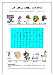 English Worksheet: Animals Word Search