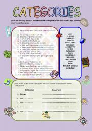English Worksheet: Categories - vocabulary revision - clothes, animals,parts of the body, fruit, vegetables, jobs, shops, illnesses, medicine,insects etc...