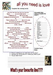English Worksheet: All you need is love (The beatles) 