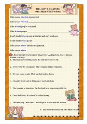 English Worksheet: Relative Clauses -  who, that, when, whose