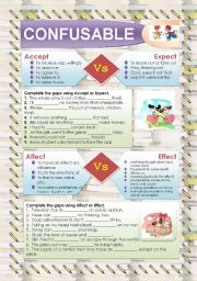 English Worksheet: CONFUSABLES: ACCEPT - EXPECT - AFFECT - EFFECT