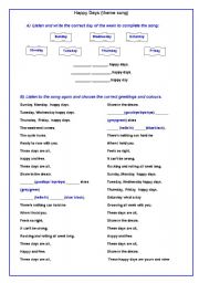 English worksheet: Happy days (theme song) - days of the week