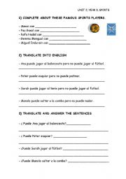 English worksheet: Using can with sports