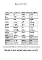 English worksheet: Spelling Revision - Yr 4-6 + Homophones