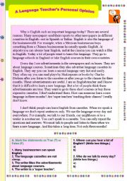 A LANGUAGE TEACHERS PERSONAL OPINION - READING PASSAGE WITH COMPREHENSION QUESTIONS - TRUE /FALSE SECTION (ANSWER KEY IS INCLUDED ) 