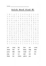 English Worksheet: Dolch Pre-primer Word Search