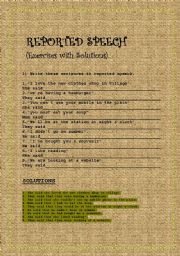 English Worksheet: REPORTED SPEACH (Exercises + solutions)
