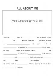 English Worksheet: All About Me - Self Introduction Project