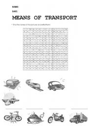 English Worksheet: means of transport wordsearch