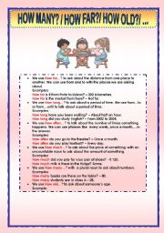 English Worksheet: HOW FAR; HOW LONG; HOW MANY; ...