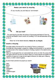 English Worksheet: Reduce your waste by recycling