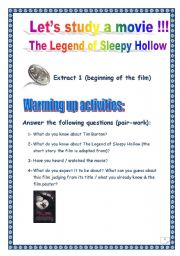 English Worksheet: Video time: SLEEPY HOLLOW (Tim BURTON) - Extract # 1 (COMPREHENSIVE PROJECT, Printer-friendly, 2 PAGES, 13 TASKS)