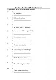 English worksheet: Questions Negatives and Statements