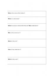 English worksheet: Festivals W Questions