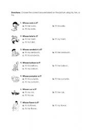 English Worksheet: possessives his, her or my