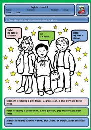 English Worksheet: WHAT ARE THEY WEARING? (CLOTHES AND COLOURS) - PART 2