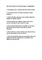 English Worksheet: Snakes and Ladders Game Rules