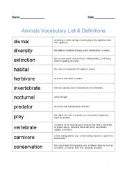 English worksheet: Animals vocabulary list & definition