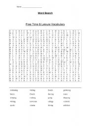 English Worksheet: Free time and leisure Word Search