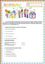 English Worksheet: Claras Birthday Party :) [Past Tense] 2 pages 7 exercises