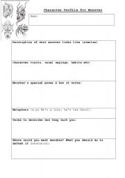 English worksheet: monster Character profile planning sheet