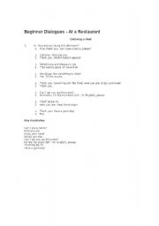 English worksheet: Beginner Dialogue - At the restaurant